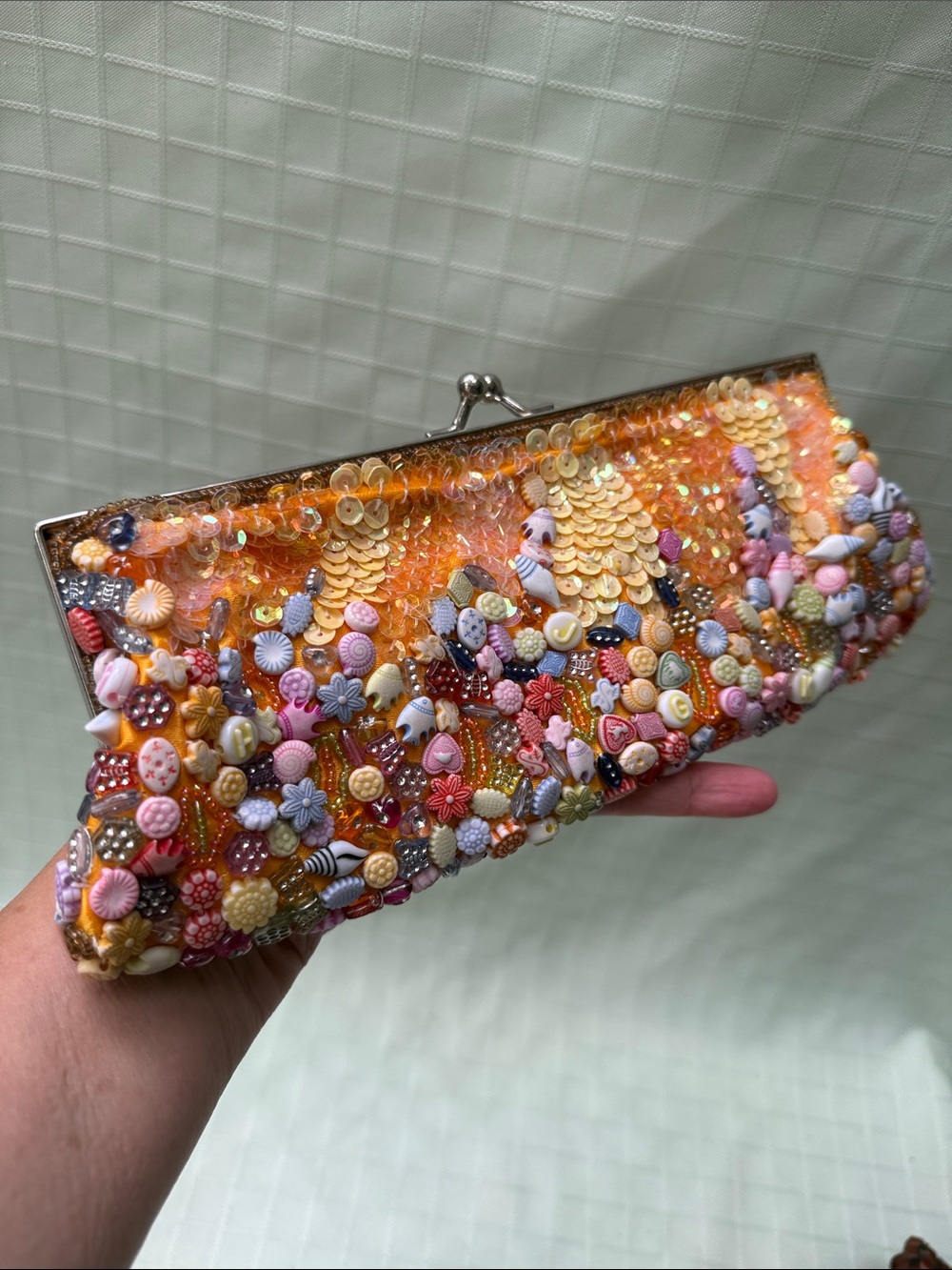Vintage All Beaded Embellished Bright Orange Sequin Metal Framed Clutch